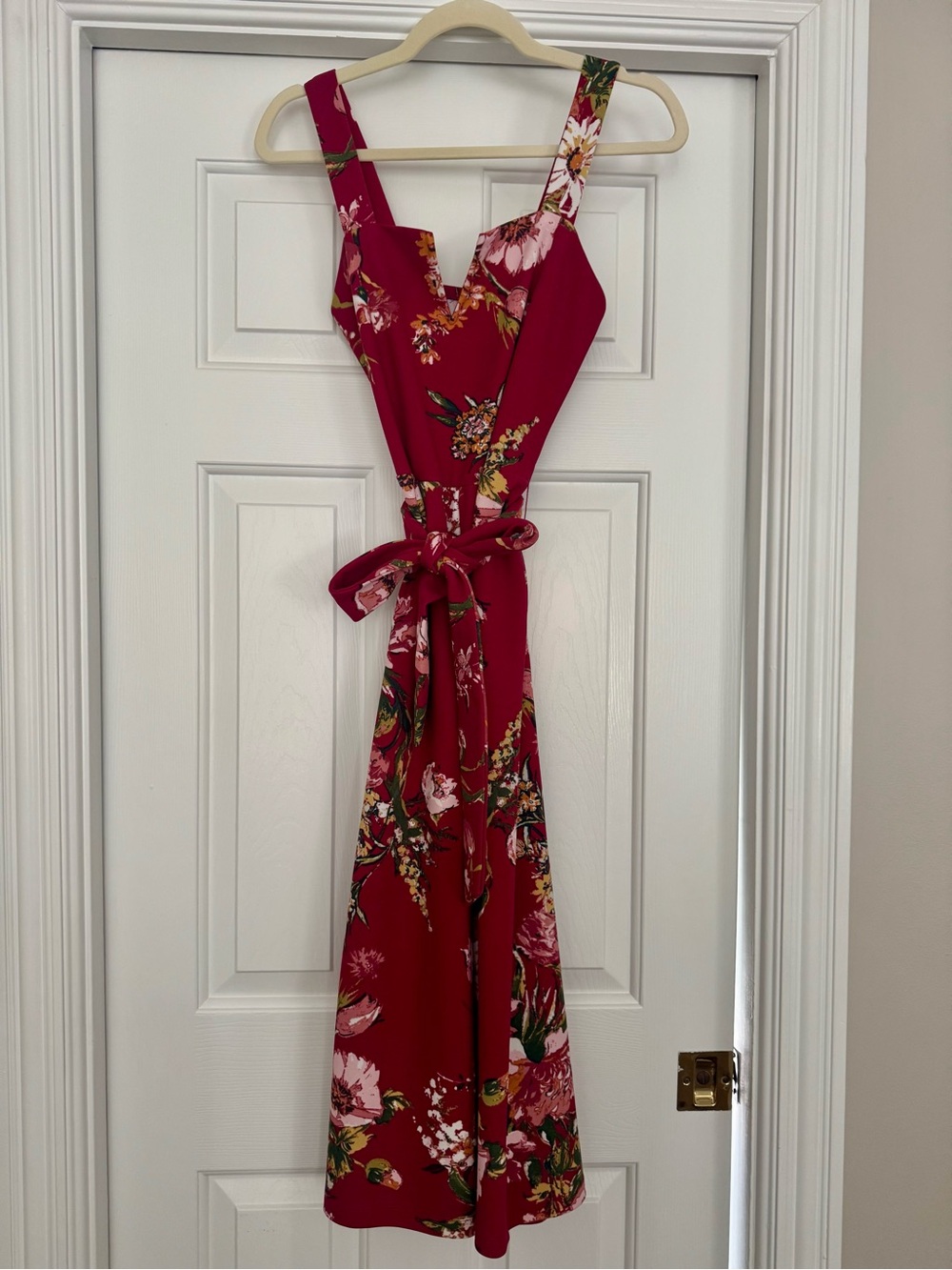 Floral Red Sleeveless Jumpsuit with Tie Waist